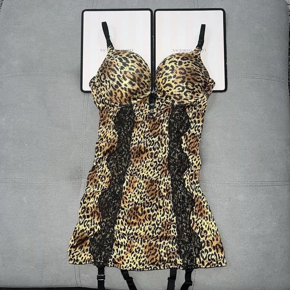 Victoria's Secret VINTAGE GARTER Leopard slip Dress Lingerie Bustier Corset